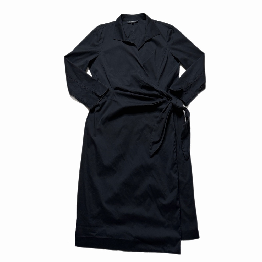 Lafayette 148 Black Cotton Poplin Wrap Shirt Dress 10 Office Minimalist